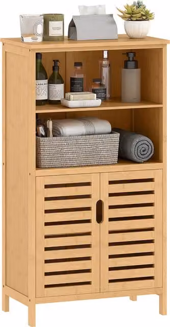 Mueble de baño de bambú Kleankin con puertas y estantes, color marrón natural, An/P/Al: 50 x 29 x 92 cm