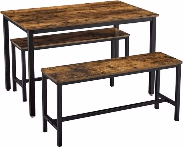 Conjunto de comedor VASAGLE de estilo industrial con mesa rectangular y 2 taburetes, color marrón y negro, An/P/Al: 110 x 70 x 75 cm para la mesa y 97 x 30 x 50 cm para los taburetes