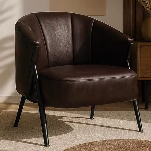 Sillón de estilo industrial Mendler HWC-P30 con estructura de metal y tapizado de cuero sintético en marrón oscuro