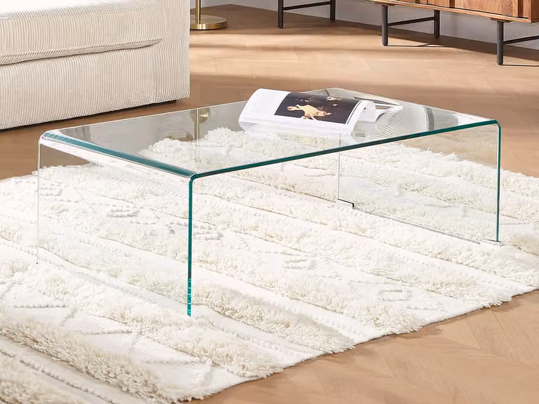 Mesa de centro rectangular moderna VENTE-UNIQUE de cristal templado transparente con diseño curvado An/P/Al: 80 x 55 x 35 cm