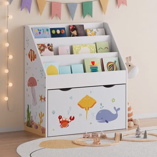 Librería infantil Aarnskona en.casa con cajón y 3 compartimentos abiertos, color blanco y azul, An/P/Al: 70 x 63 x 30 cm