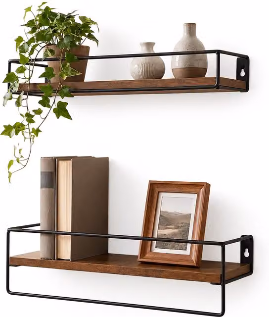 Set de 2 estantes de pared Relaxdays de estilo industrial en MDF y metal, color marrón y negro, con barra colgadora, An/P/Al: 40 x 15,5 x 9 cm