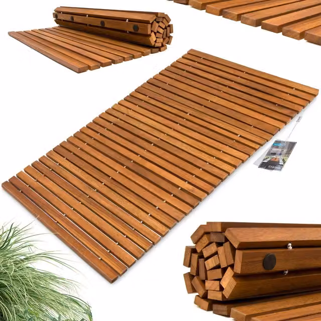 Alfombrilla de baño antideslizante de madera de acacia Casaria® color marrón y dorado, rectangular y de estilo minimalista, An/P/Al: 50 x 76 x 1 cm
