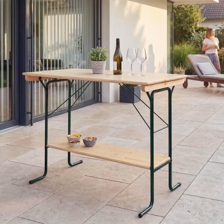 Mendler Mesa plegable de jardín y camping de madera de pino y metal, An/P/Al: 110 x 125 x 70 cm