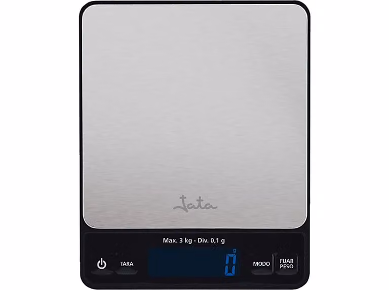 Balanza de cocina digital Jata HBAL0370 en color plata con pantalla LCD y acero inoxidable, capacidad máxima de 5 kg