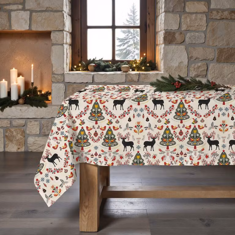 Mantel de Navidad Muare Home multicolor con diseño gráfico, repelente a las manchas y de algodón, An/P: 300 x 155 cm