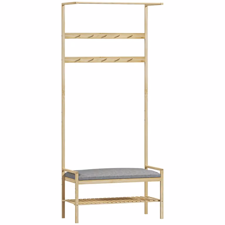 Perchero zapatero con banco Homcom de bambú en madera natural An/P/Al: 73.5 x 34 x 171 cm