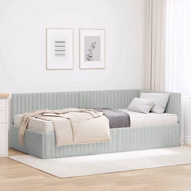 Estructura de cama de esquina con 2 colchones Maison Exclusive en gris claro y acabado de terciopelo, An/P/Al: 90 x 200 x 72 cm