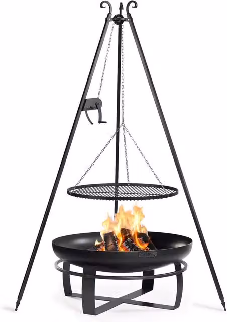 Kit de brasero de jardín Viking de COOKKING en acero con trípode de 180 cm y rejilla de 70 cm, color negro y gris