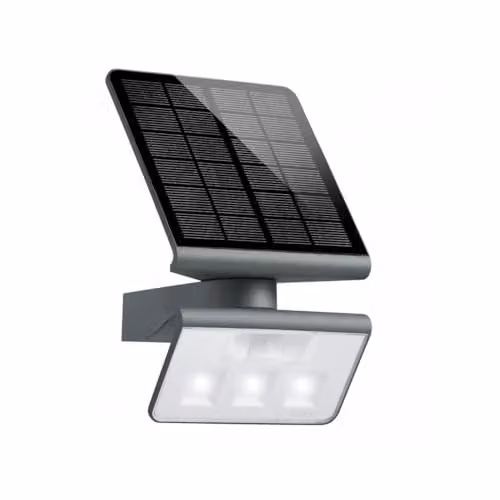 Lámpara de pared solar Steinel XSolar LS con LED de luz blanca cálida, sensor de movimiento y sensor crepuscular, color gris y negro