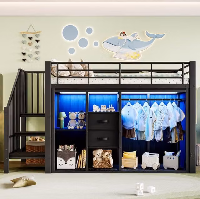 Cama alta individual Okmyhome con cajones, iluminación LED multicolor y escaleras, negra, An/P/Al: 90 x 200 x 139 cm