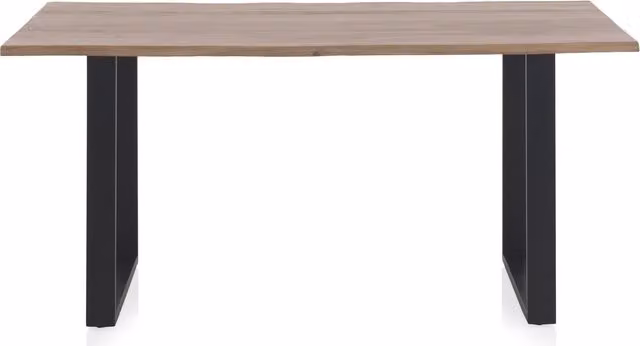 Mesa de comedor industrial de madera maciza de acacia color marrón con patas metálicas negras, An/P/Al: 160 x 90 x 75 cm