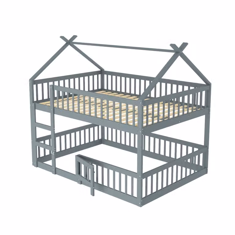 Litera de madera MODFU para niños con estructura de casa y zona de juego en color gris, An/P/Al: 140 x 200 cm