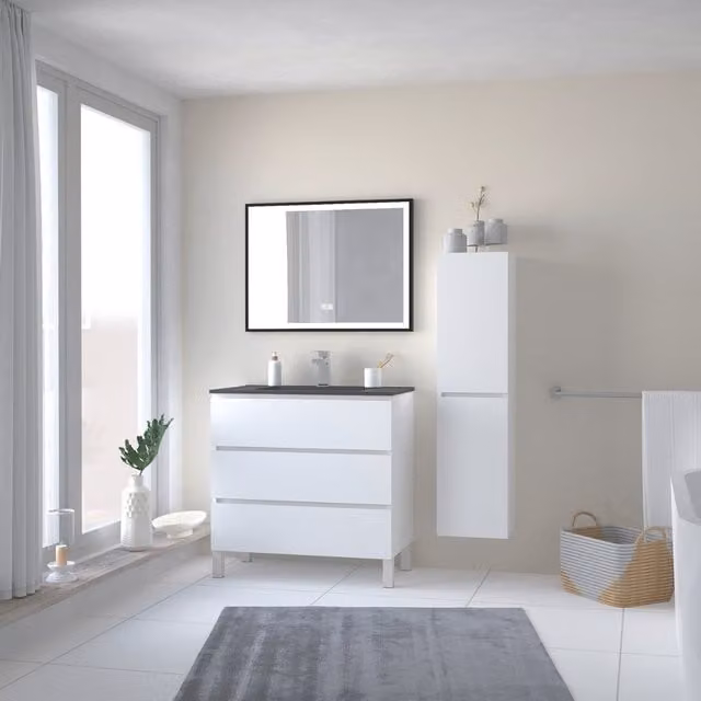 Mueble de baño Trendy de Ondee en blanco mate con 3 cajones, tapa negra y espejo Selena de 80 cm