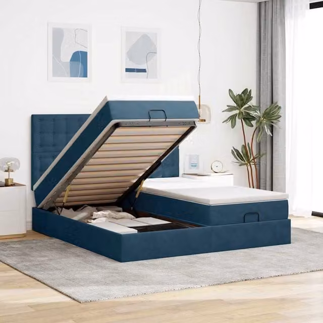 Estructura de cama otomana Maison exclusive tapizada en terciopelo azul oscuro con base abatible An/P/Al: 200 x 100 x 128 cm