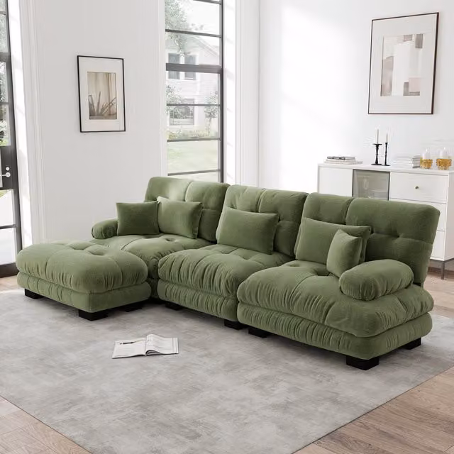 Sofá Esquinero Modular Kellany en Forma de L con Otomana y Función Cama, Tapizado en Chenilla Verde