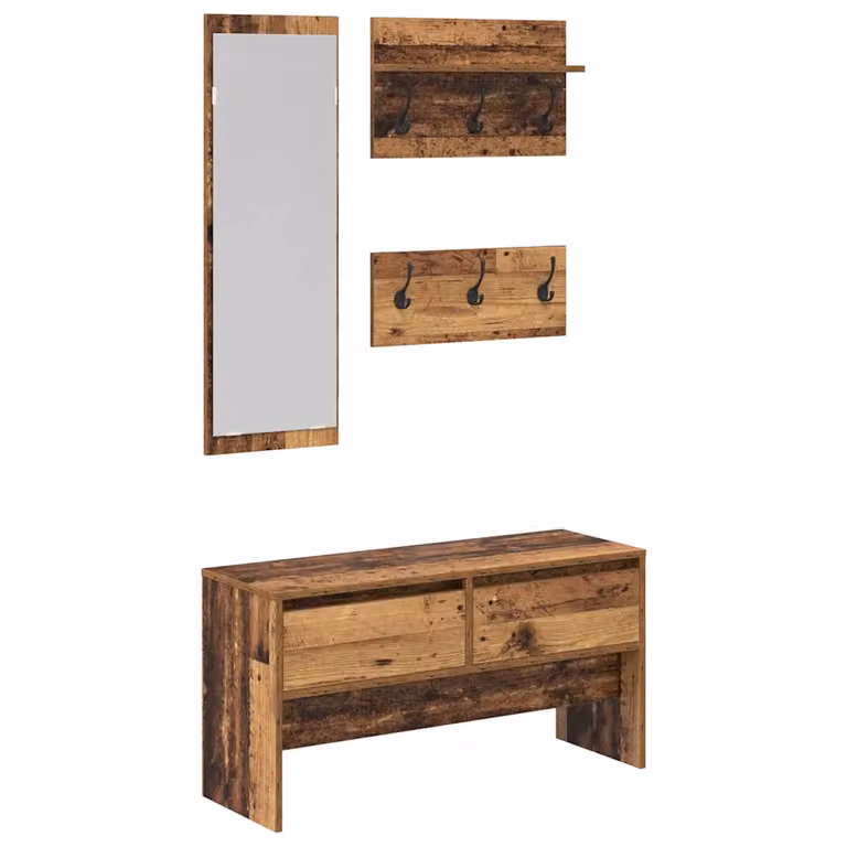Conjunto de muebles de recibidor de 4 piezas vidaXL en madera envejecida color marrón con banco, espejo y estante de pared de estilo minimalista