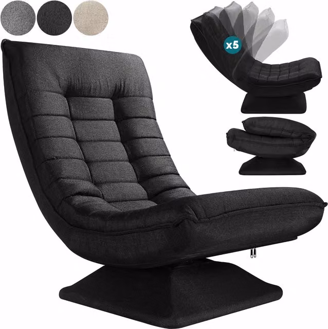 Sillón relax NORTHIX con tapicería de tela negra, ajustable en 5 posiciones y giro de 360 grados