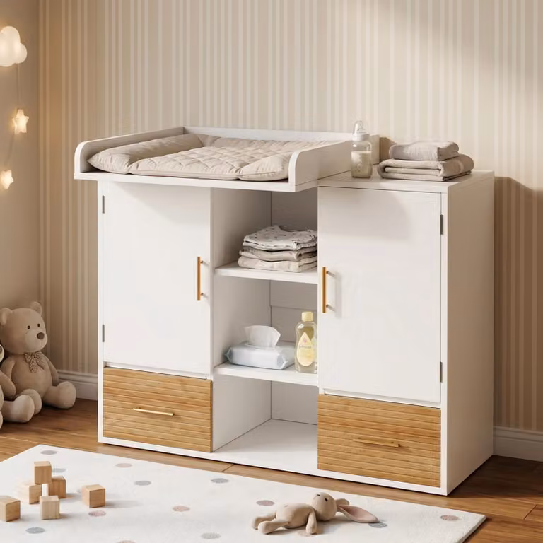 MODFU Cambiador y mesa para cambiar pañales con armario de almacenamiento, 2 cajones y cambiador desmontable, Blanco, An/P/Al: 114 x 53 x 92 cm