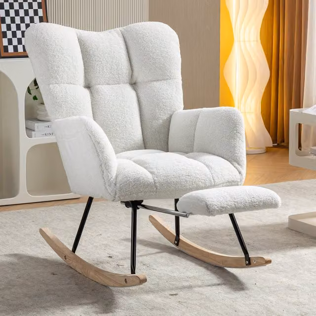 Sillón mecedor relax BEAOK en tejido boucle blanco con reposapiés integrado y respaldo alto