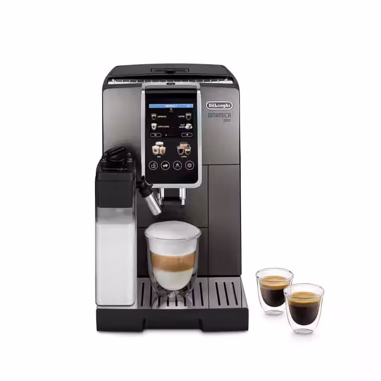 Cafetera espresso totalmente automática De'Longhi Dinamica Plus ECAM380.95.TB en color negro y titanio con pantalla táctil y acero inoxidable, An/P/Al: 23,6 x 34,8 x 42,9 cm