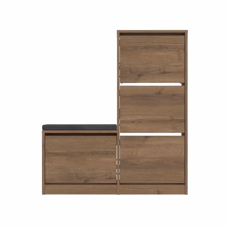 Mueble zapatero Calicosy de 4 puertas con asiento integrado en color roble marrón y acabado mate An/P/Al: 118.5 x 29.1 x 26 cm
