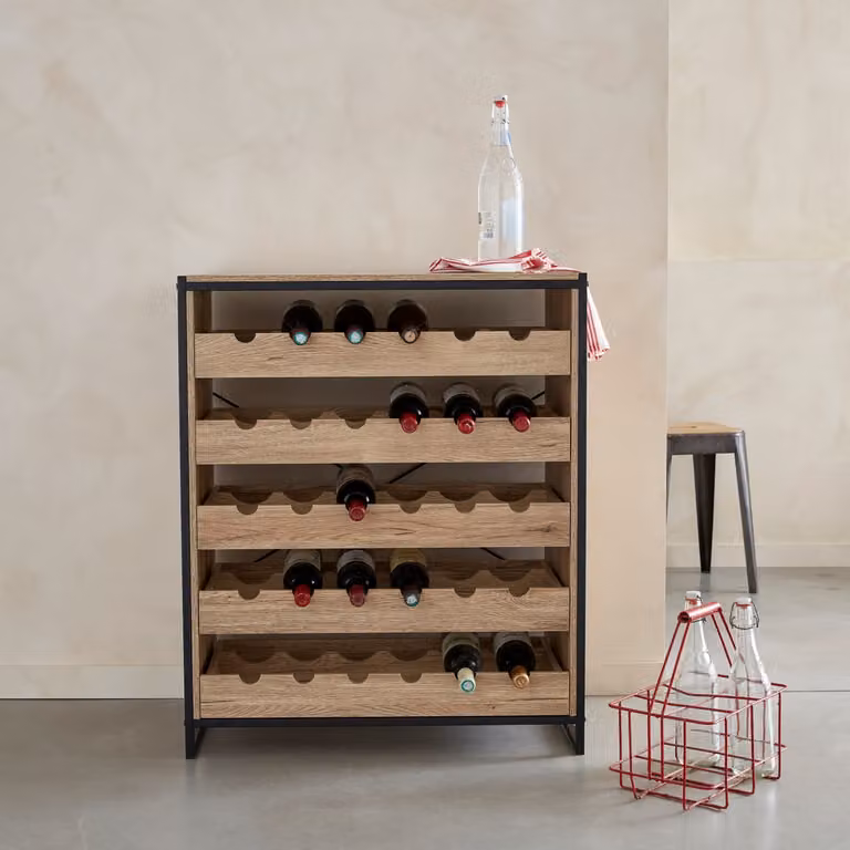 Estantería para botellas de vino Sweeek de estilo industrial en madera y metal, color marrón y negro, An/P/Al: 75 x 30 x 90 cm