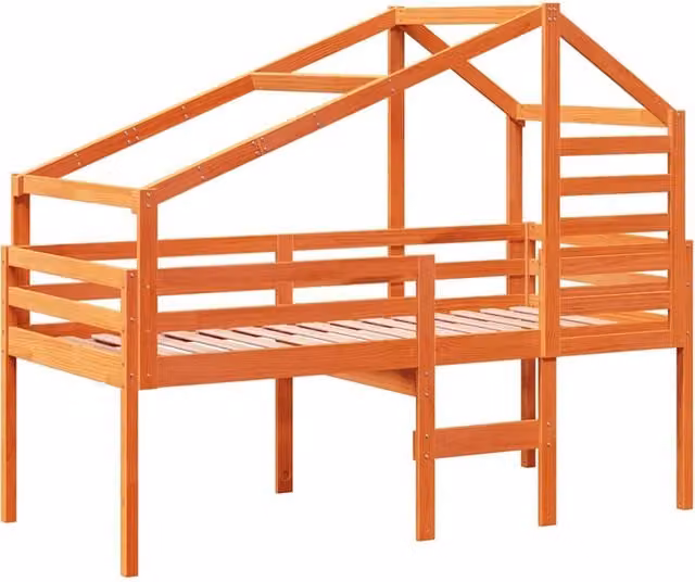 Cama alta infantil SYFAX de madera maciza de pino con estructura de casa en color marrón encerado, 90 x 200 cm