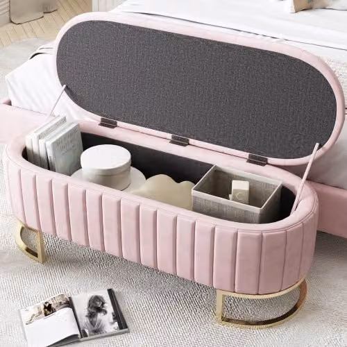Banqueta con baúl de almacenamiento OKWISH en terciopelo rosa, An/P/Al: 120 x 39,9 x 41,9 cm