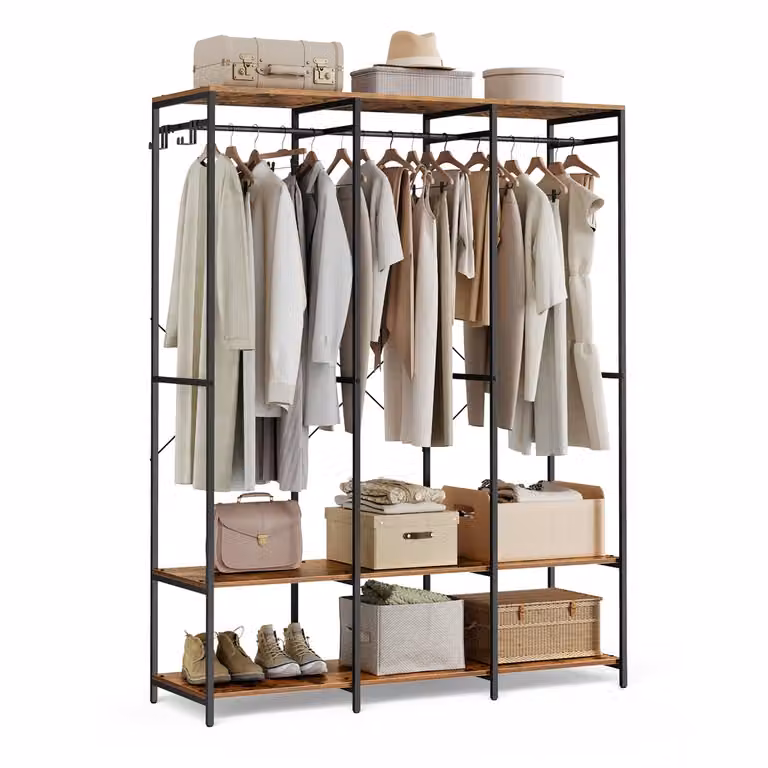 Armario de ropa portátil SONGMICS con estantes internos y barra de colgar, marrón y negro, An/P/Al: 141 x 40 x 180 cm