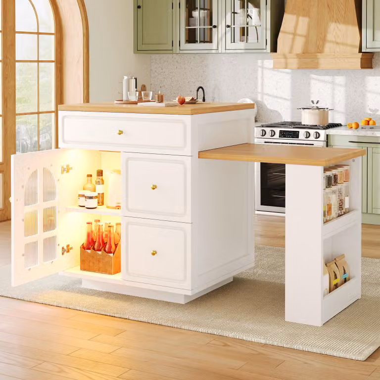 Isla de cocina MODFU blanca con superficie extensible de 122,5 a 195,5 cm, barra con iluminación LED, cajones internos y vitrina de vidrio