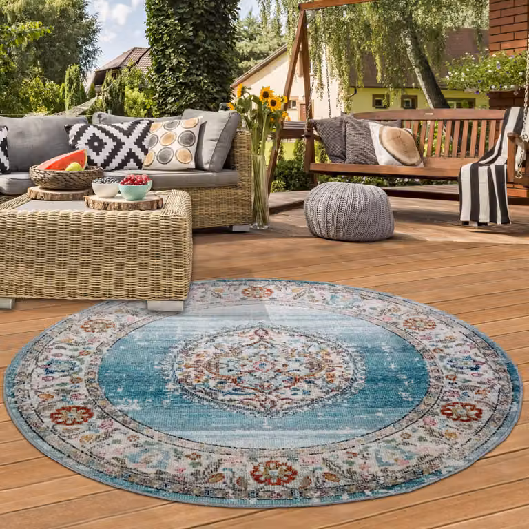 Alfombra oriental Teppich-Traum de estilo vintage en azul, forma redonda para salón o exterior, Diámetro: 200 cm