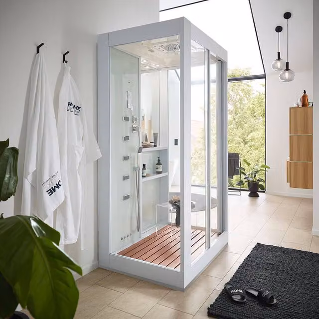 Ducha de vapor con cascada y sauna de vapor Home Deluxe LUXORY en color blanco, An/P: 120 x 90 cm