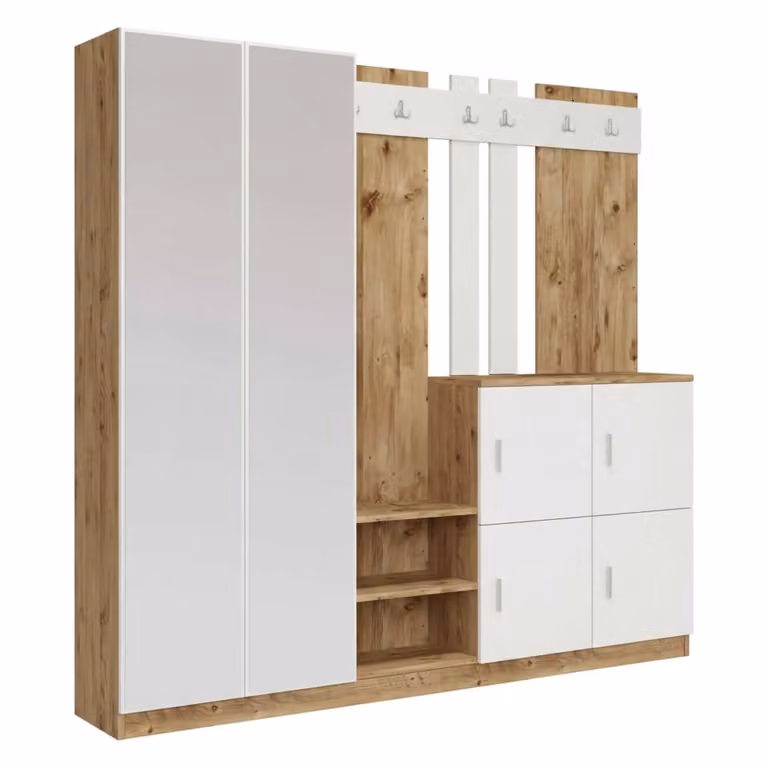 Mueble de entrada multifunción DMORA con perchas y almacenamiento, acabado roble y blanco, An/P/Al: 187 x 37,5 x 180 cm