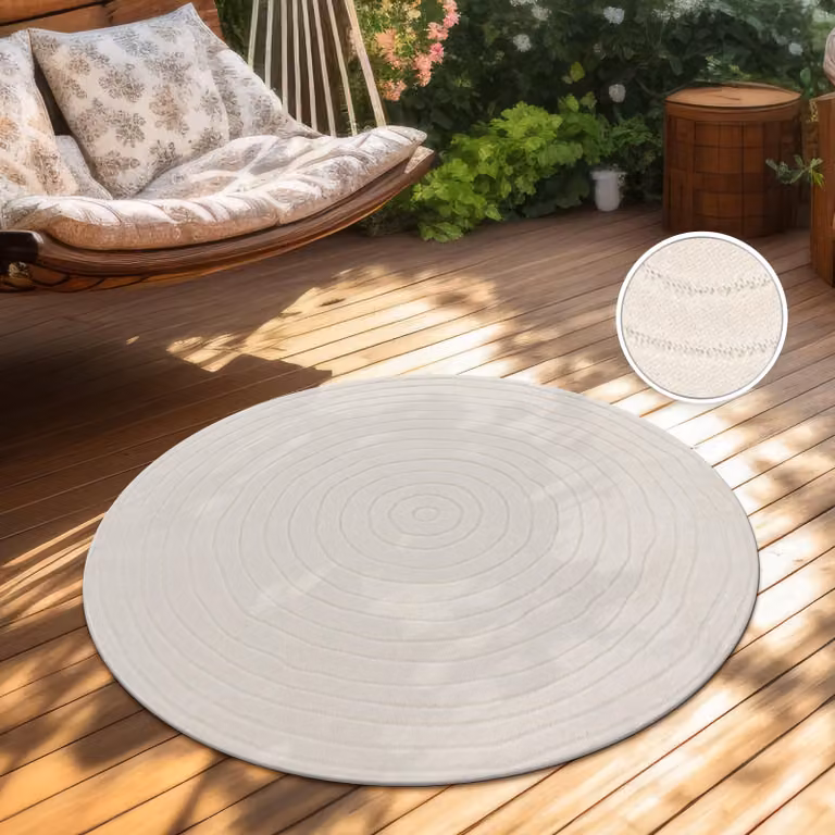 Alfombra redonda Paco Home para exterior e interior, estilo escandinavo y boho chic, color crema, Diámetro: 160 cm