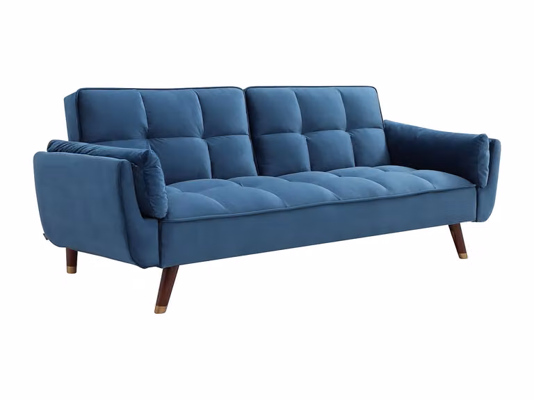 Sofá cama GULCAN de 3 plazas en terciopelo azul con estructura de madera y reposacabezas ajustable