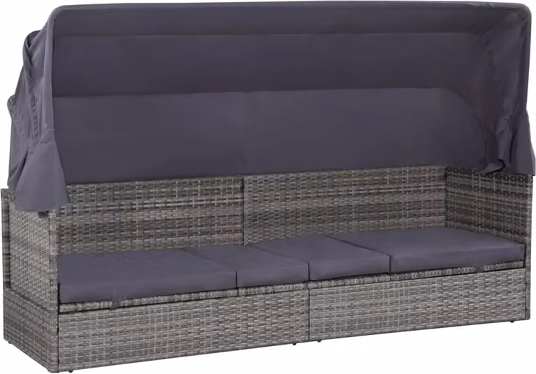 Cama de jardín Syfax de ratán sintético gris con toldo y reposacabezas ajustable
