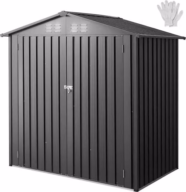 Caseta de jardín metálica Vevor en gris con puertas con cerradura y techo inclinado para herramientas y bicicletas, An/P/Al: 184,1 x 121 x 186 cm