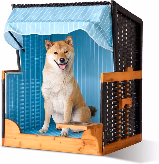 Cesta de mimbre para perros Relaxdays con techo y comedero, color azul claro, An/P/Al: 95 x 75 x 65 cm