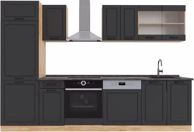 Mueble de cocina Vicco R-Line estilo casa de campo en antracita y roble con puertas de cristal y estantes abiertos, An: 300 cm