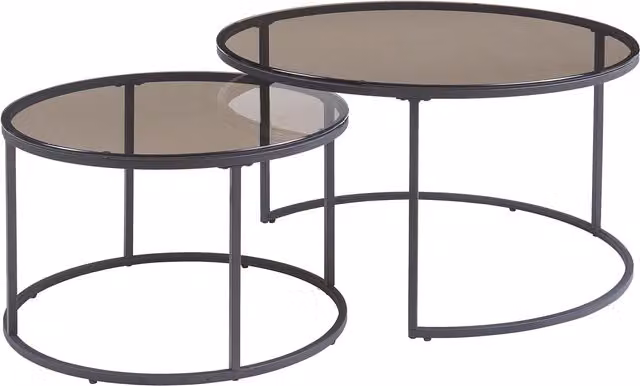 Set de 2 mesas nido Kokkola de en.casa con superficie de vidrio ahumado gris y estructura de metal, redondas y modernas, Diámetro: 80 cm, Altura: 45 cm