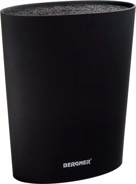 Bloque tacamesa para cuchillos Bergner en color negro con acabado soft touch, An/P/Al: 15,6 x 6,6 x 22 cm
