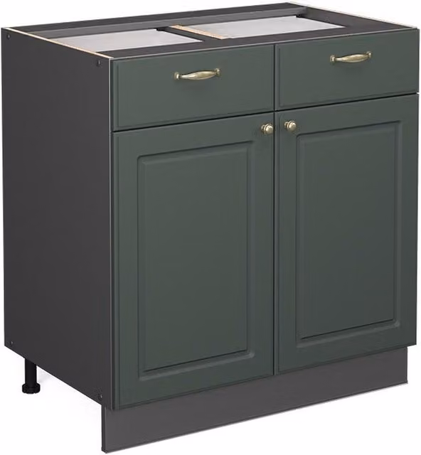 Mueble bajo de cocina Vicco Fame-Line estilo casa de campo en verde y dorado con puertas de cierre suave, An: 80 cm
