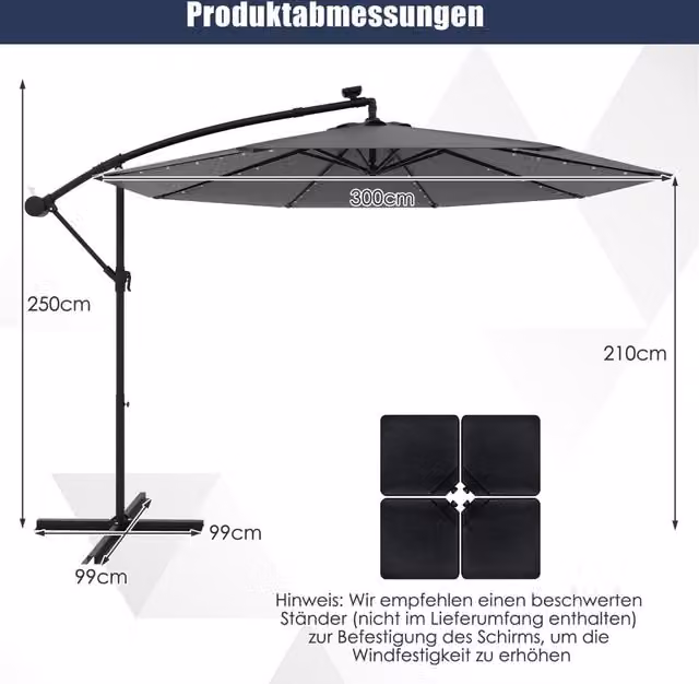 Sombrilla de voladizo solar NORTHIX de 300 cm con 40 luces LED en color gris