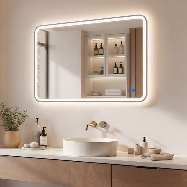Espejo de baño LED Artforma rectangular con bordes redondeados, retroiluminado, función antivaho y control táctil en color plata cepillada, An: 100 cm, Al: 70 cm