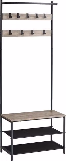 Perchero con banco zapatero VASAGLE con 9 ganchos y barra superior, color beige, negro y gris, An/P/Al: 32,2 x 64 x 180 cm