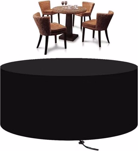 Funda protectora redonda para muebles de jardín ODIPIE en color negro, fabricada en poliéster Oxford 210D resistente al agua, Diámetro: 128 cm, Altura: 71 cm