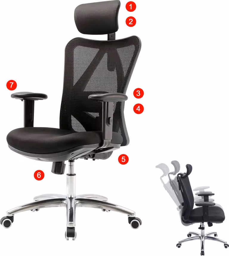 Silla de oficina ergonómica Mendler en color negro con reposacabezas y soporte para adultos