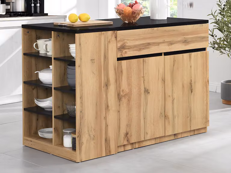 Isla de cocina con almacenamiento VENTE-UNIQUE estilo industrial en negro y marrón, An/P/Al: 130 x 65 x 90 cm
