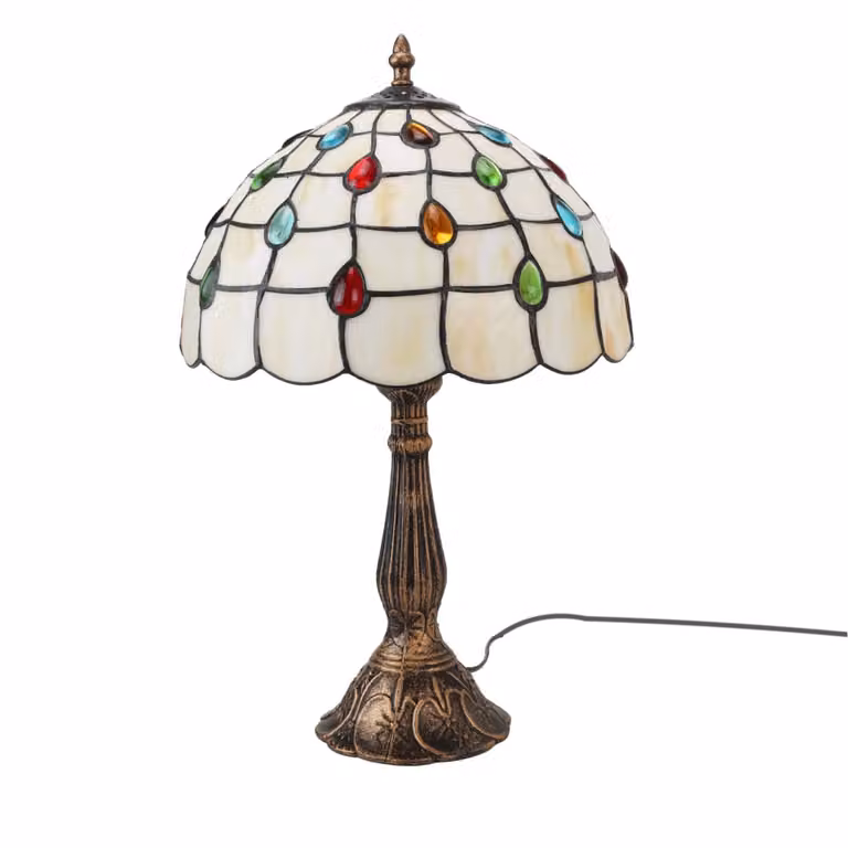 Lámpara de mesa Valentina de ALPINALUZ con estilo Tiffany y vitrales barrocos en colores blanco, beige y multicolor, fabricada en vidrio y metal, Diámetro: 30 cm